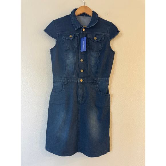 NEW Chouyatou Cap Sleeve Bodycon 1/2 Button Placket Mini Denim Pencil Dress M - Picture 3 of 13